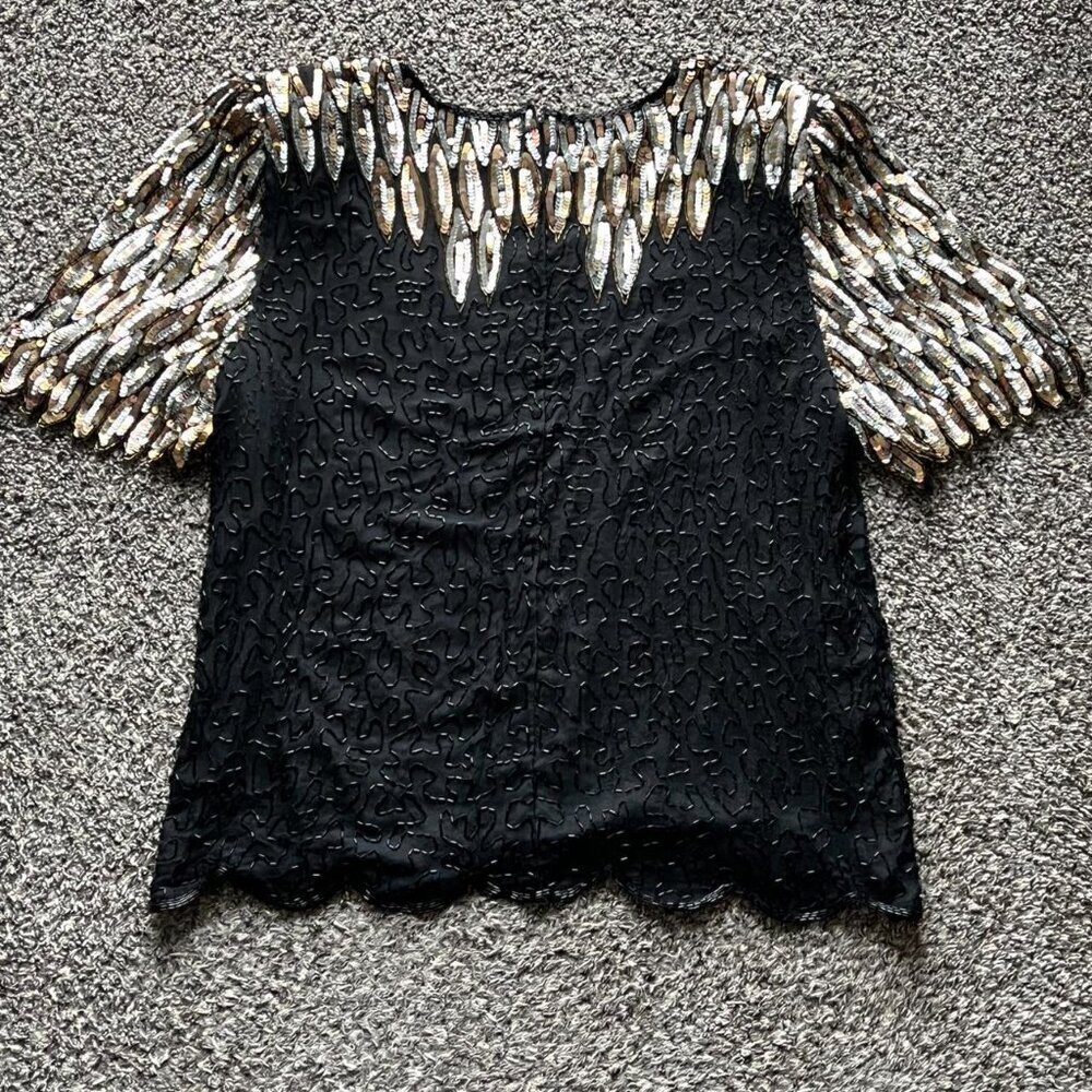 Vintage 80s Carina 100% Silk Top Womens 2X Gold Sequins Whimsigoth Shabby Chic - Picture 4 of 8